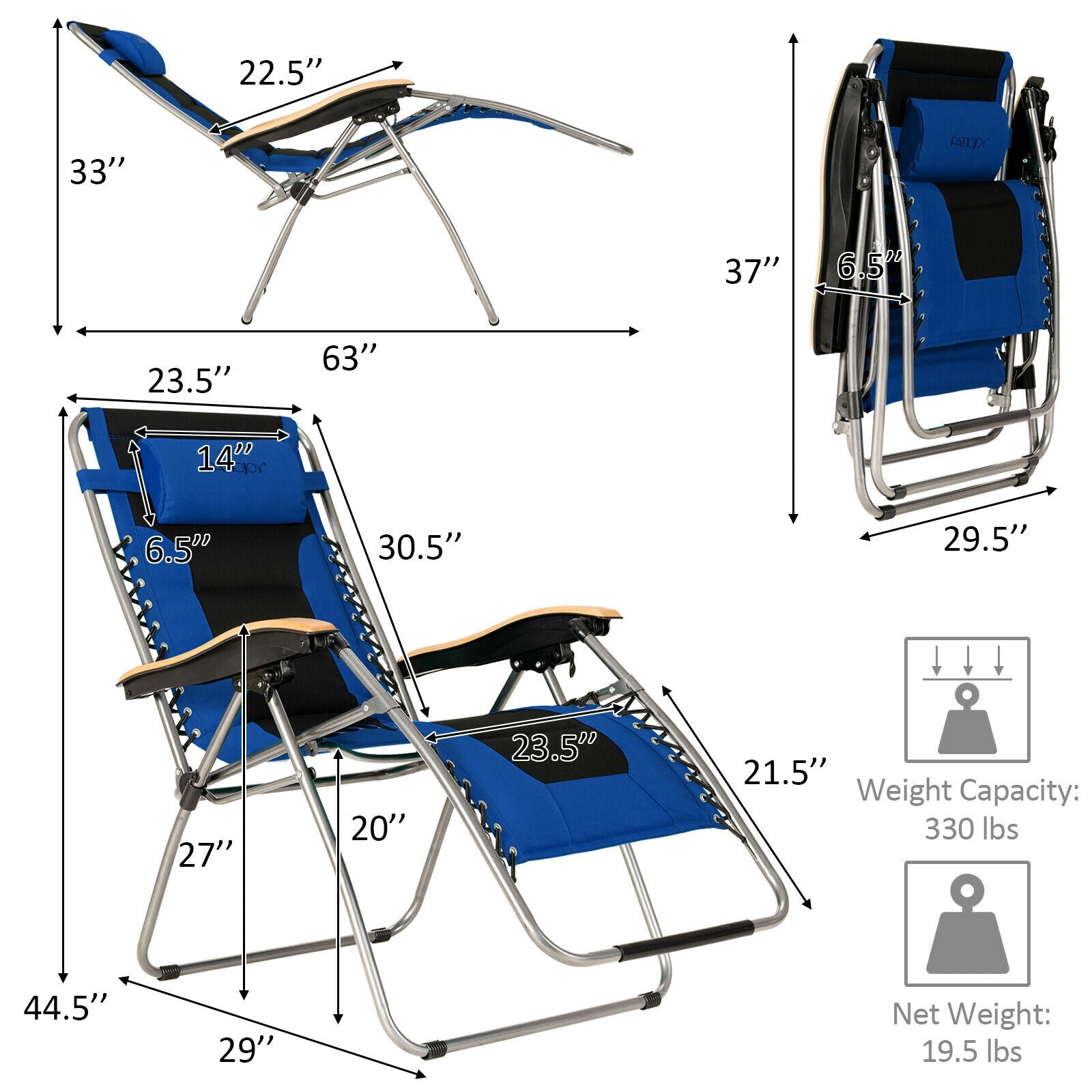 Oversize Folding Adjustable Padded Zero Gravity Lounge Chair-Blue - Tampa Home & Garden Store