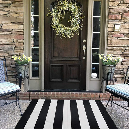 Oversized Black and White Striped Cotton Outdoor Rug – Reversible Farmhouse Porch Mat for Indoor & Outdoor Use, 27.5” x 43” - Tampa Home & Garden Store