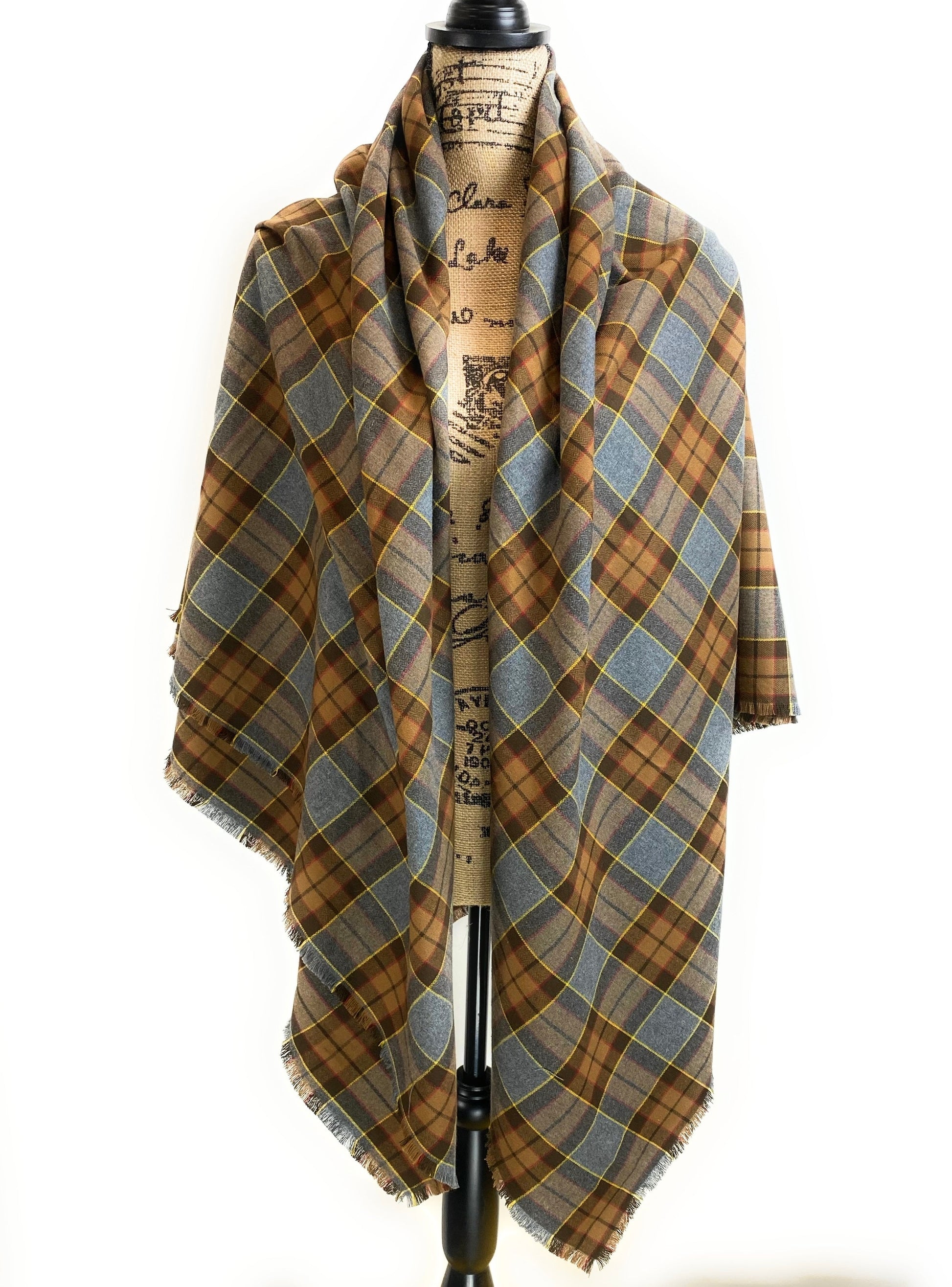 Oversized Blanket Scarf/Earasaid - Outlander Clan Fraser Inspired Gray, Brown, Yellow, and Red Cotton Flannel - Tampa Home & Garden Store