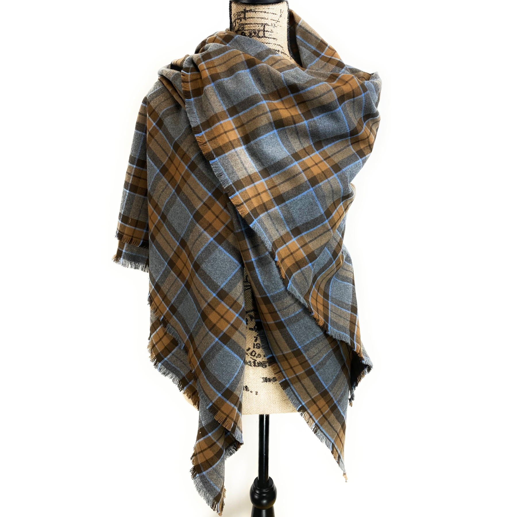 Oversized Blanket Scarf/Earasaid - Outlander Clan MacKenzie Inspired Gray, Brown and Light Blue Cotton Flannel - Tampa Home & Garden Store