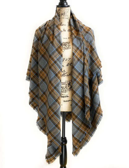 Oversized Blanket Scarf/Earasaid - Outlander Clan MacKenzie Inspired Gray, Brown and Light Blue Cotton Flannel - Tampa Home & Garden Store