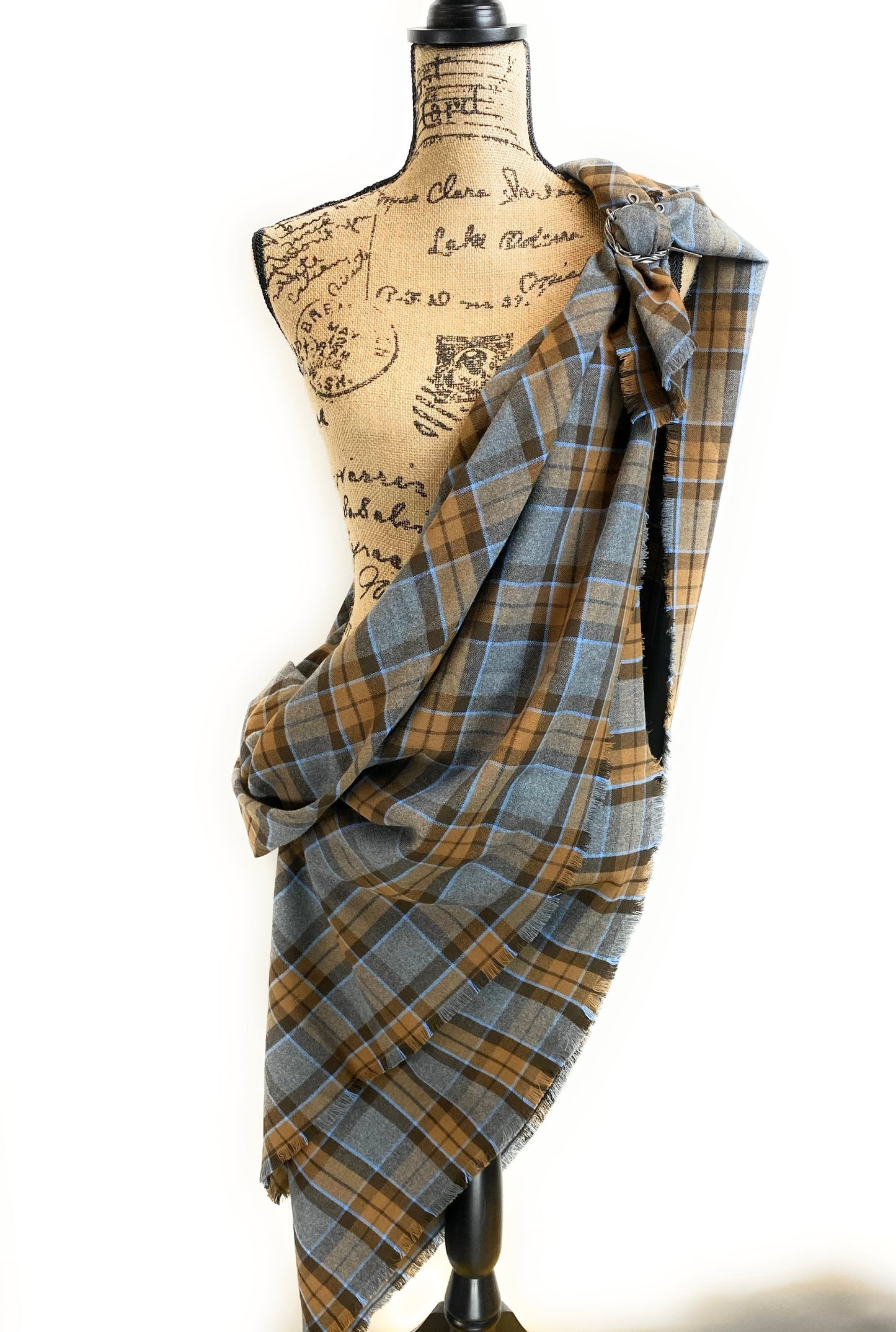 Oversized Blanket Scarf/Earasaid - Outlander Clan MacKenzie Inspired Gray, Brown and Light Blue Cotton Flannel - Tampa Home & Garden Store