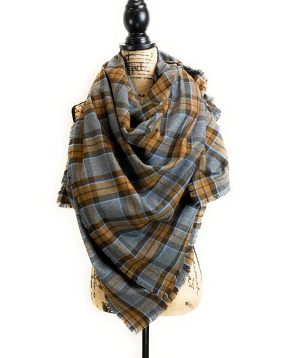 Oversized Blanket Scarf/Earasaid - Outlander Clan MacKenzie Inspired Gray, Brown and Light Blue Cotton Flannel - Tampa Home & Garden Store
