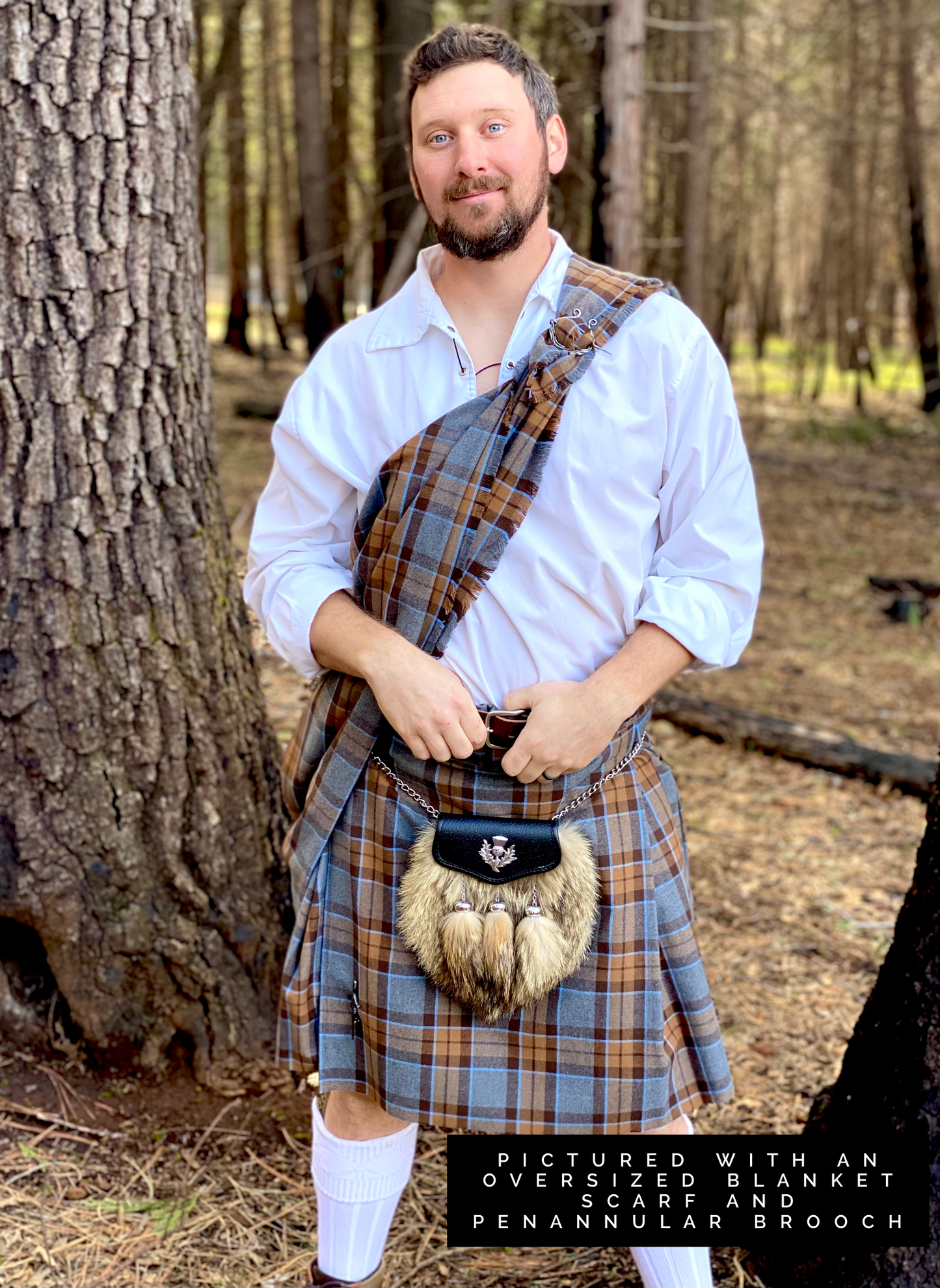 Oversized Blanket Scarf/Earasaid - Outlander Clan MacKenzie Inspired Gray, Brown and Light Blue Cotton Flannel - Tampa Home & Garden Store