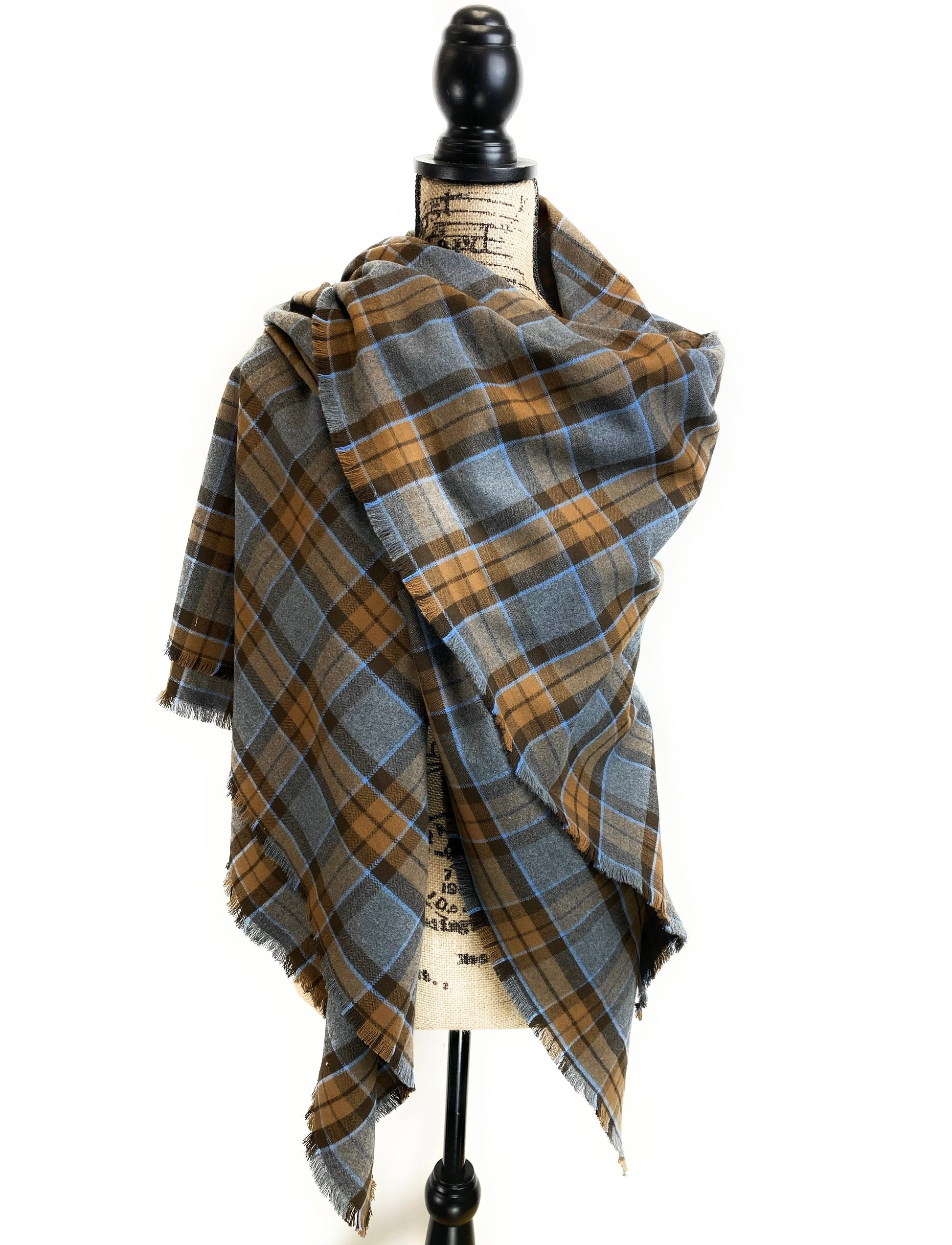 Oversized Blanket Scarf/Earasaid - Outlander Clan MacKenzie Inspired Gray, Brown and Light Blue Cotton Flannel - Tampa Home & Garden Store