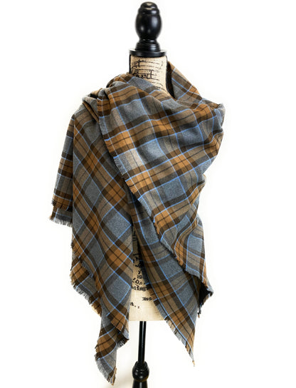 Oversized Blanket Scarf/Earasaid - Outlander Clan MacKenzie Inspired Gray, Brown and Light Blue Cotton Flannel - Tampa Home & Garden Store