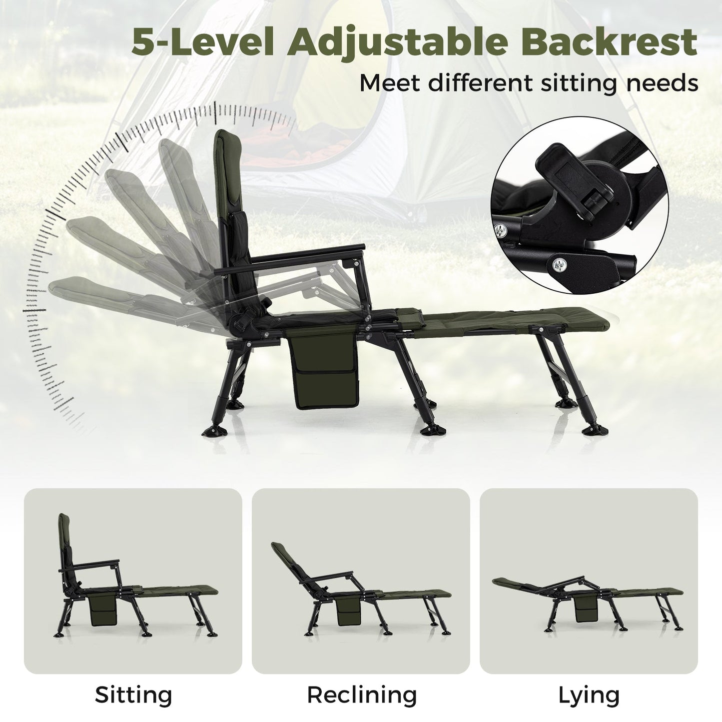 Oversized foldable fishing chair in green with detachable footrest GemGear 5-level backrest on Tampa Home & Garden Store