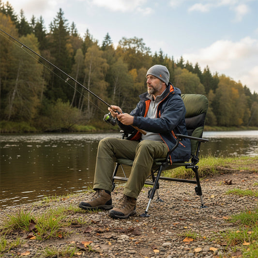 Oversized foldable fishing chair for adults with armrests GemGear green, lakeside fishing scene on Tampa Home & Garden Store
