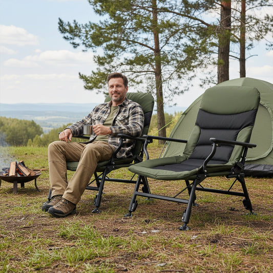 Oversized green foldable fishing chair with armrests by GemGear, 2 chairs visible at campsite on Tampa Home & Garden Store