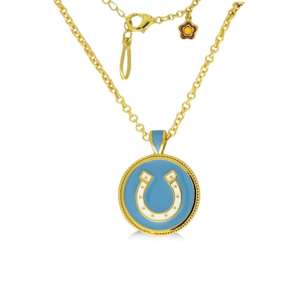 Equestrian Pendant Necklace Lauren G Adams blue enamel horseshoe on gold chain on Tampa Home & Garden Store