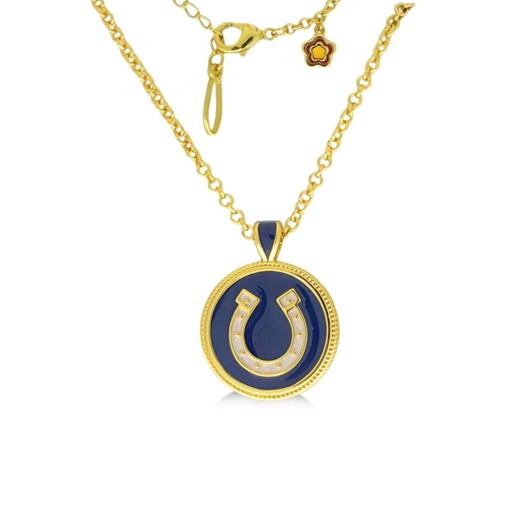 Lauren G Adams equestrian pendant necklace with blue enamel round pendant and gold horseshoe on Tampa Home & Garden Store