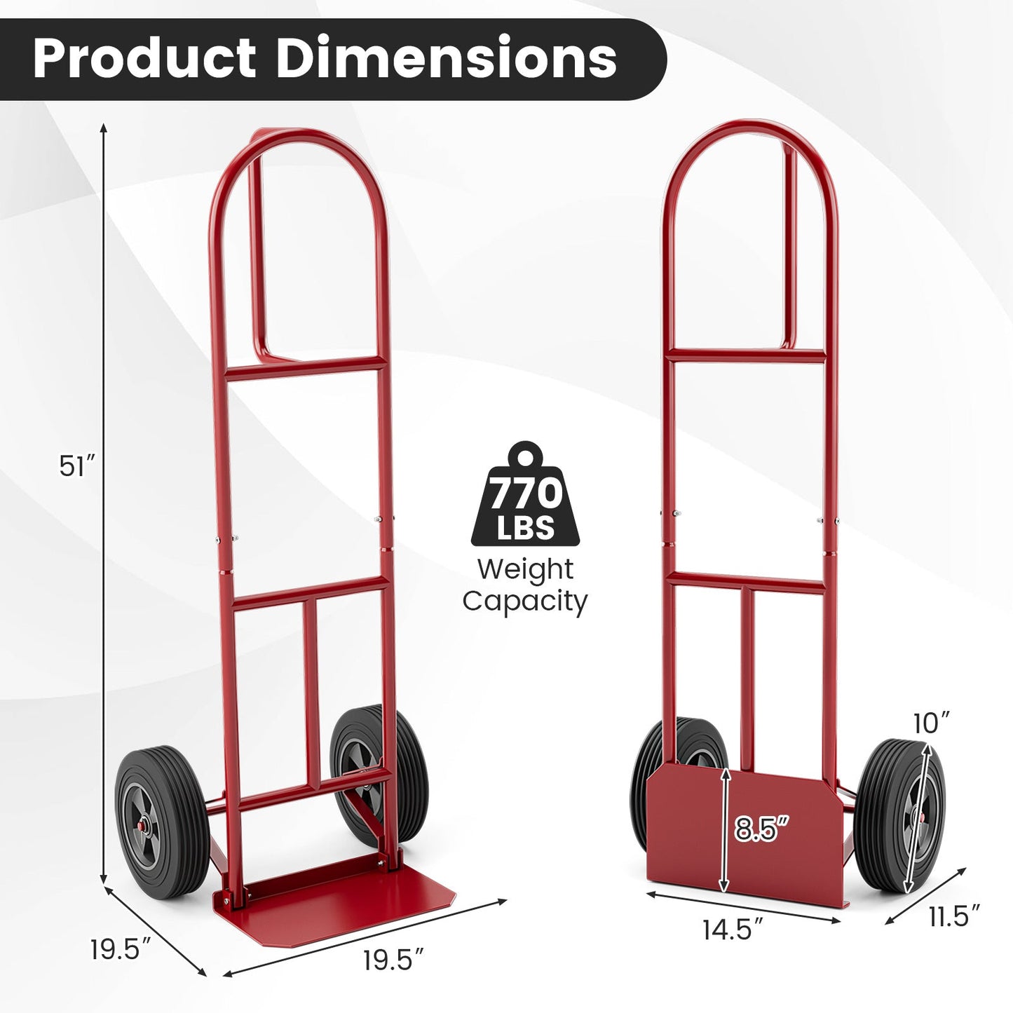 Diablo de carga con mango en P, ruedas de 10 pulgadas y plataforma de carga plegable - Rojo