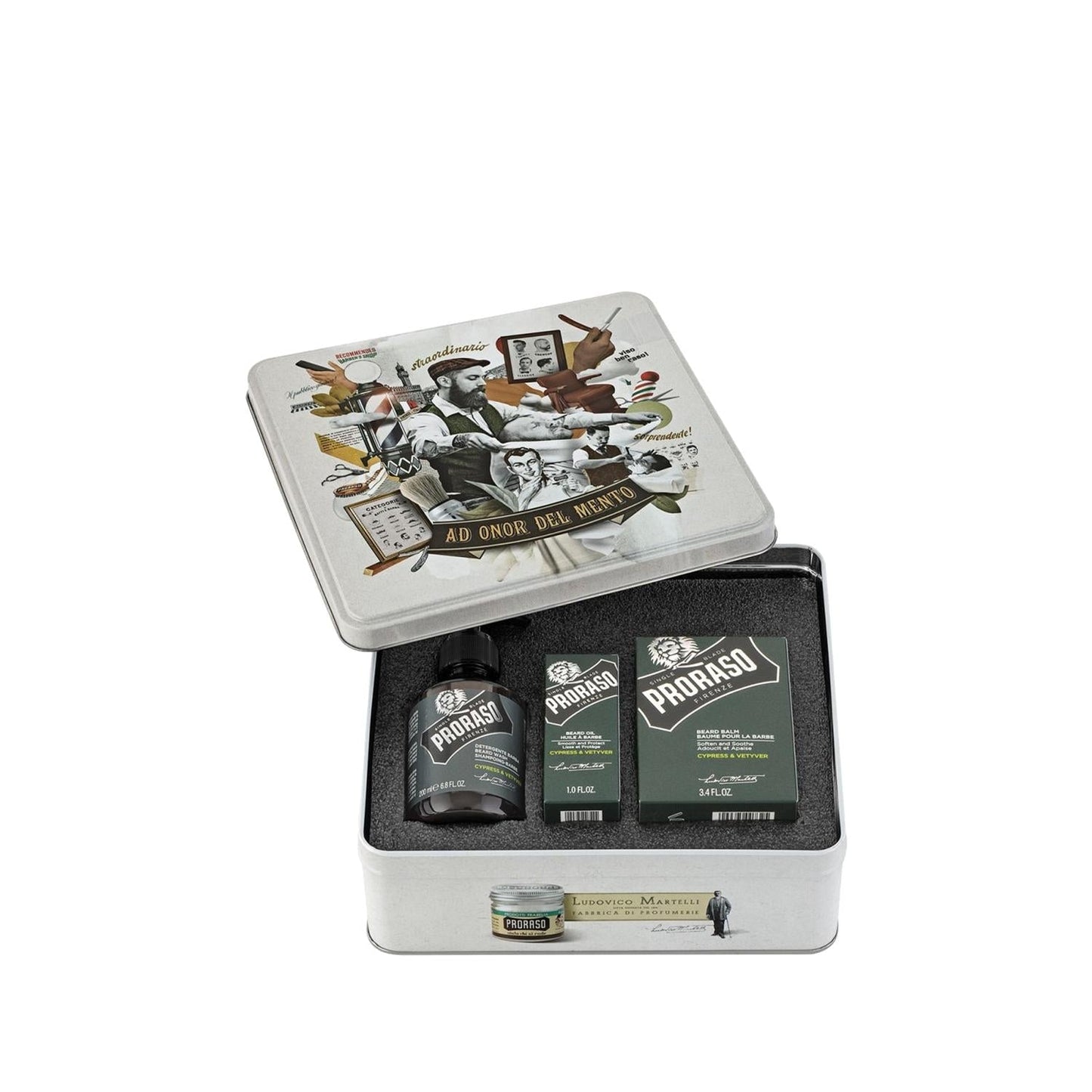 Proraso beard care set in a metal tin with Cypress & Vetyver scent; includes oil and balm on Tampa Home & Garden Store