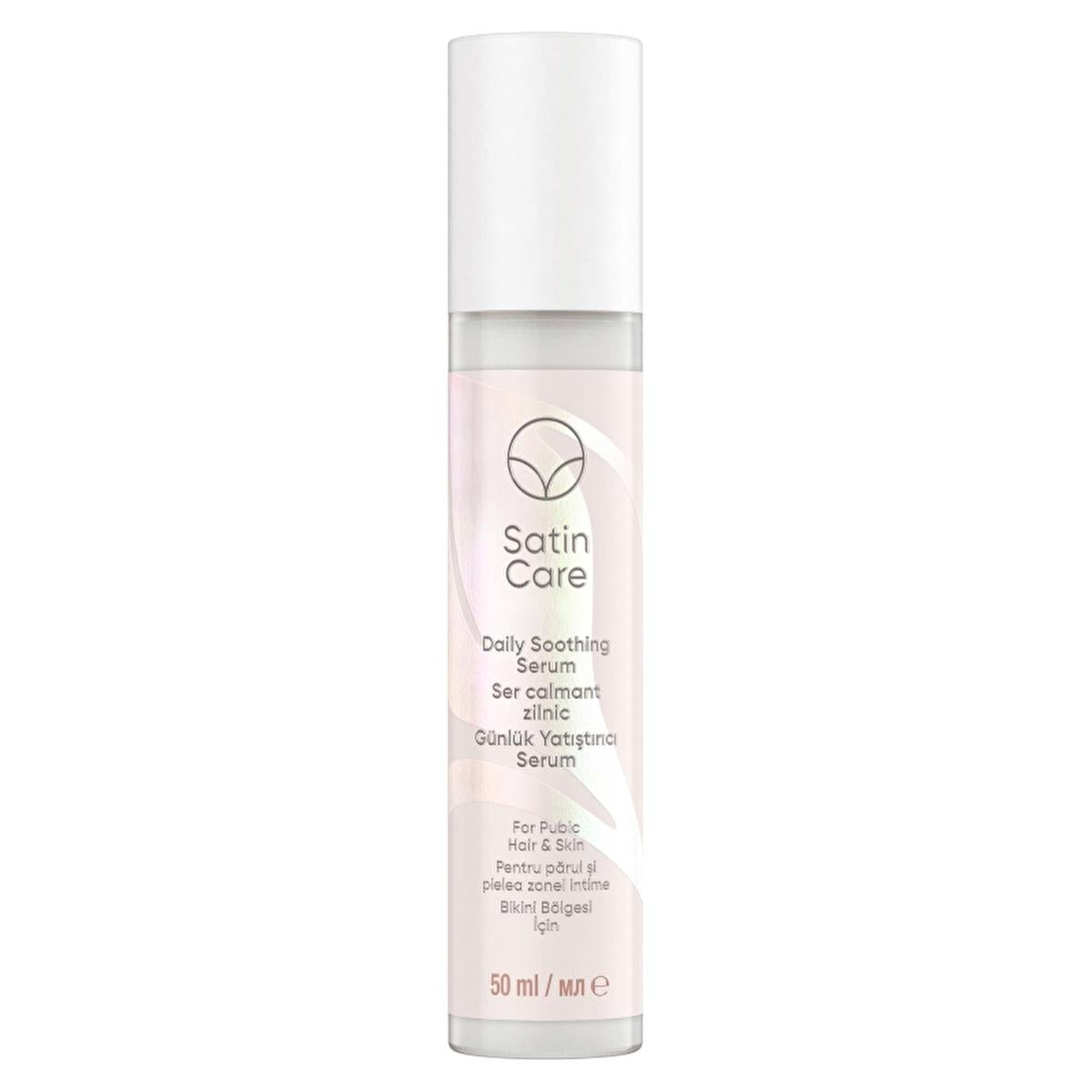 Satin Care Daily Soothing Serum bottle with white cap, pink label, 50 ml for bikini area on Tampa Home & Garden Store