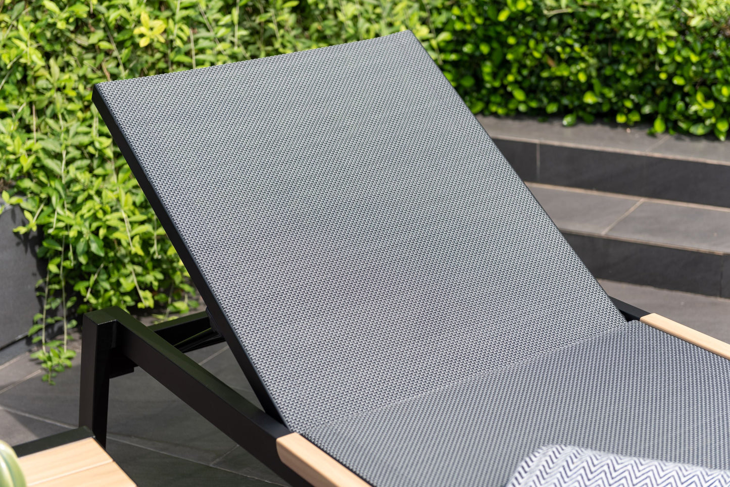 Panama Dark Sun Lounger 1pc by LifestyleGarden woven grey surface, dark frame with wood armrests on Tampa Home & Garden Store