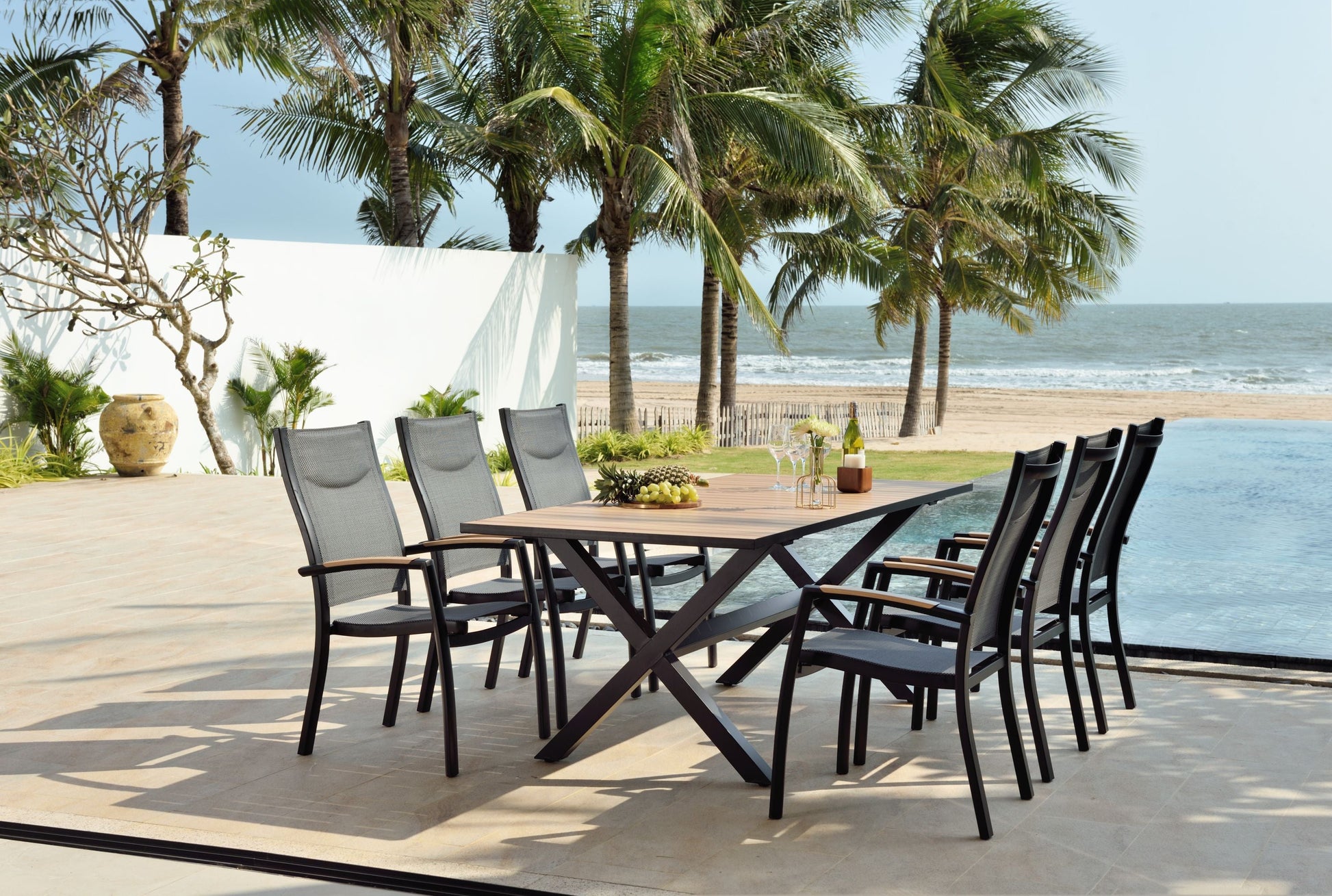 Panama Dark Rectangular Table outdoor dining table with black frame and wood slats LifestyleGarden US on Tampa Home & Garden Store