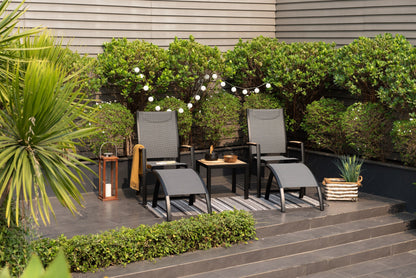 Panama Dark Side Tables, two black-framed tables with wooden tops beside gray woven chairs on Tampa Home & Garden Store