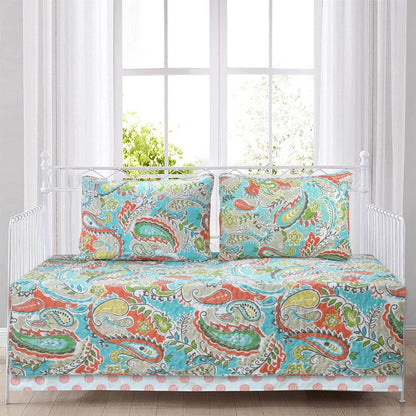 Colcha de cama de día de 4 piezas Aqua Paisley Floral