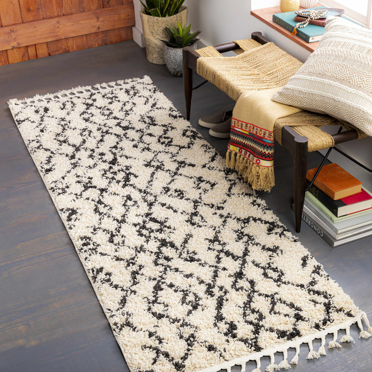 Pahala Moroccan Shag Area Rug cream with black pattern plush fringe edge by Boutique Rugs on Tampa Home & Garden Store