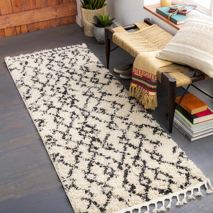 Pahala Moroccan Shag Area Rug cream with black pattern plush fringe edge by Boutique Rugs on Tampa Home & Garden Store