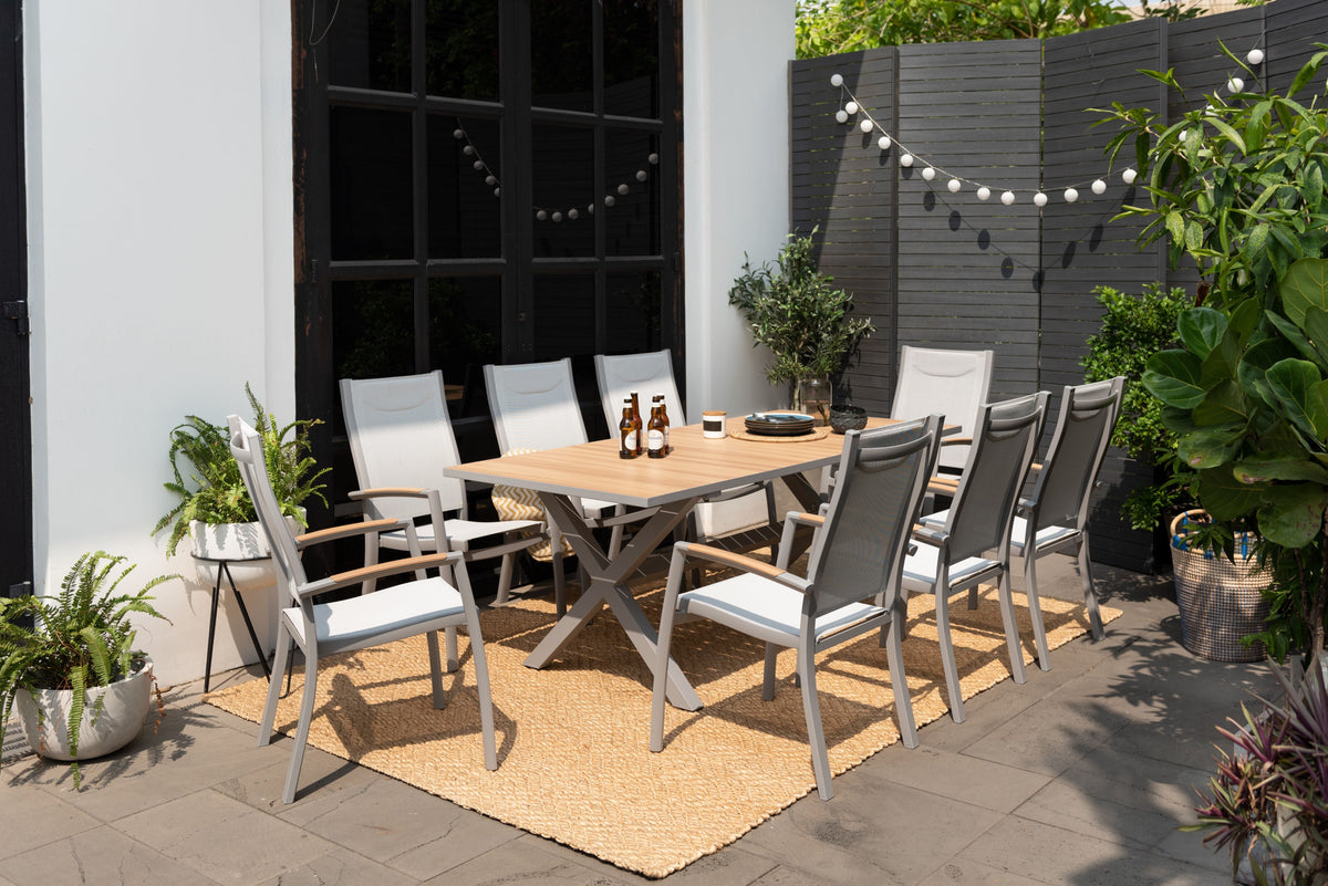 Panama Light rectangular outdoor dining table with light wood top and grey frame on Tampa Home & Garden Store