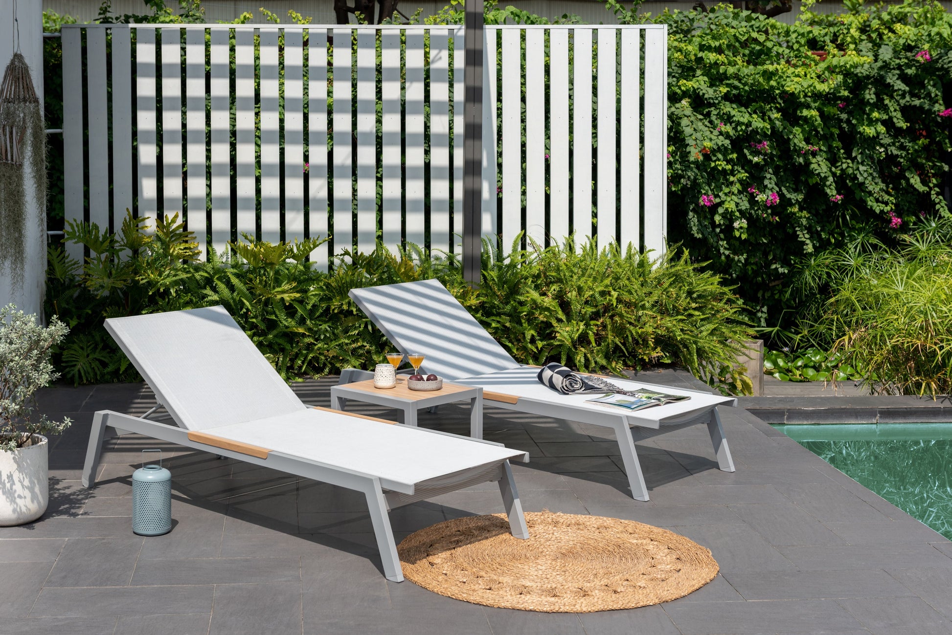 Panama Light Sun Lounger pair with white fabric seats on light gray frames LifestyleGarden US on Tampa Home & Garden Store