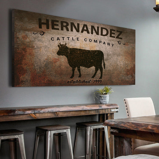 Canvas Cattle Company sign with rustic wood texture, cow silhouette and Hernandez headline on Tampa Home & Garden Store