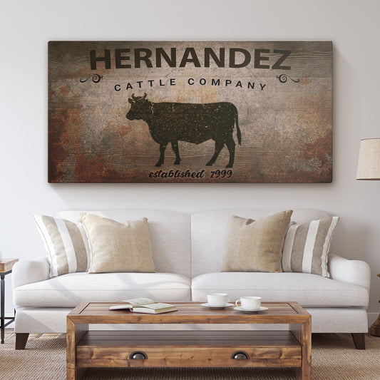 Cattle Company Sign canvas with rustic wood finish and cow silhouette Tailored Canvases on Tampa Home & Garden Store