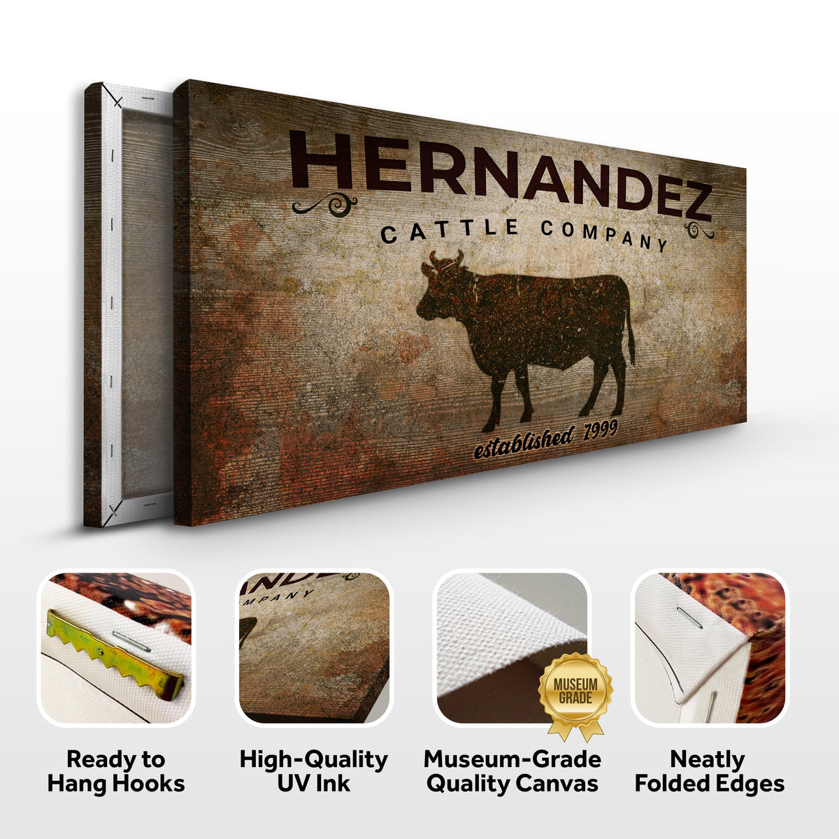 Cattle Company Sign canvas with distressed wood texture and cow silhouette Tailored Canvases on Tampa Home & Garden Store