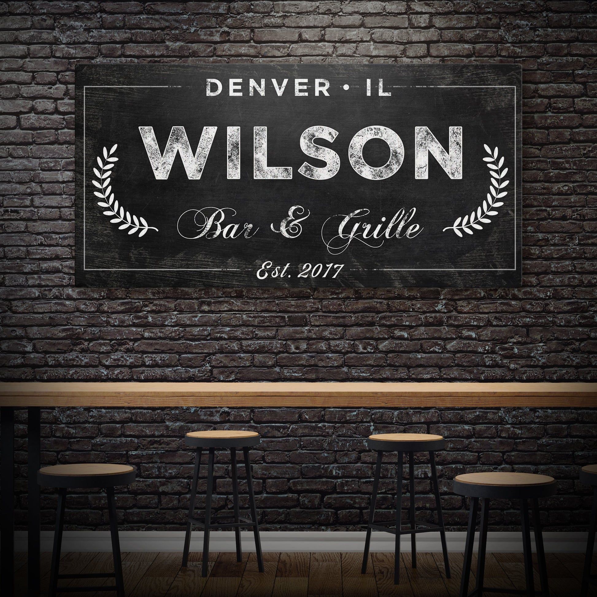 Bar & Grill Sign IV canvas by Tailored Canvases with DENVER IL and WILSON on brick wall on Tampa Home & Garden Store
