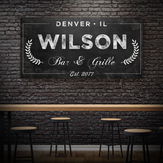 Bar & Grill Sign IV canvas by Tailored Canvases with DENVER IL and WILSON on brick wall on Tampa Home & Garden Store