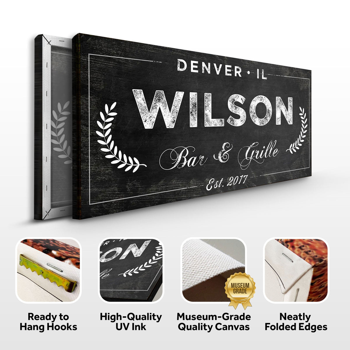 Bar and Grill Sign IV canvas by Tailored Canvases in black distressed with white lettering on Tampa Home & Garden Store