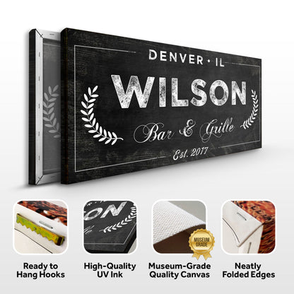 Bar and Grill Sign IV canvas by Tailored Canvases in black distressed with white lettering on Tampa Home & Garden Store