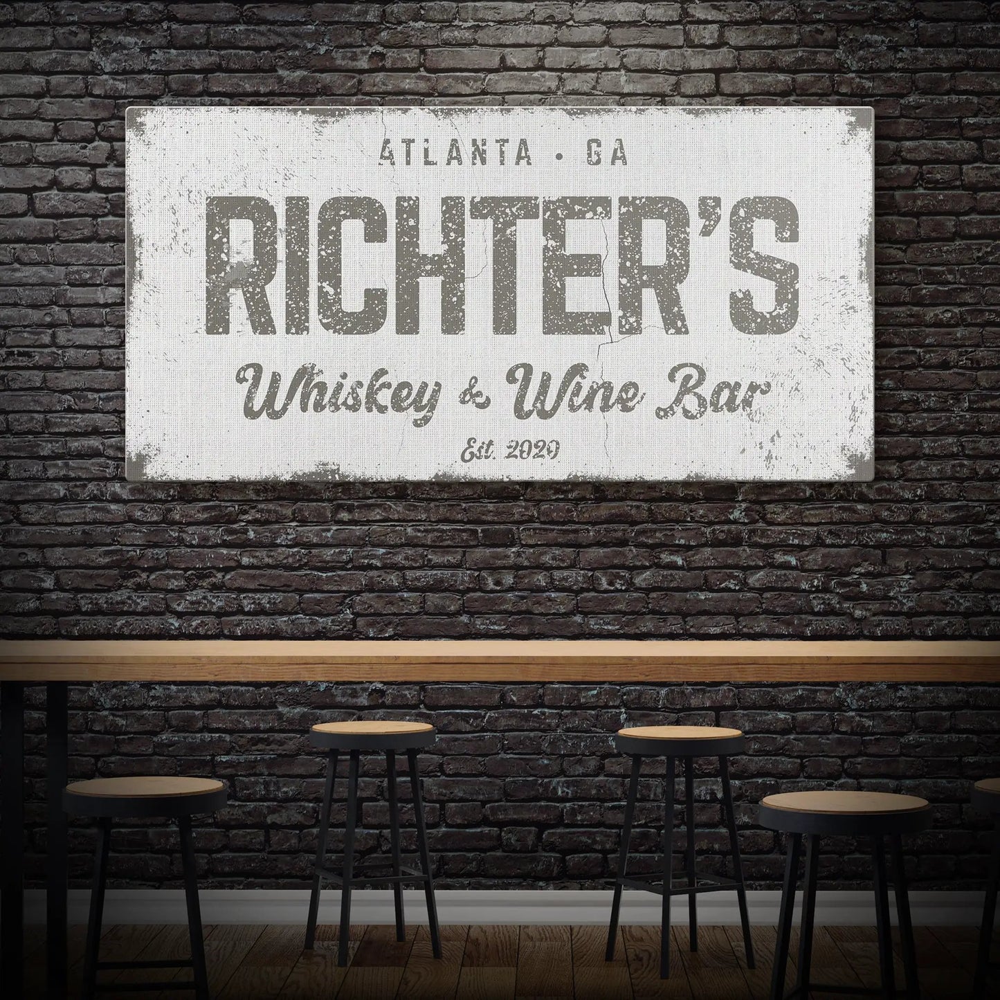Whiskey And Wine Bar Sign distressed white canvas crafting sign on brick wall on Tampa Home & Garden Store