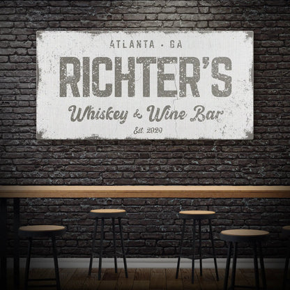 Whiskey And Wine Bar Sign distressed white canvas crafting sign on brick wall on Tampa Home & Garden Store