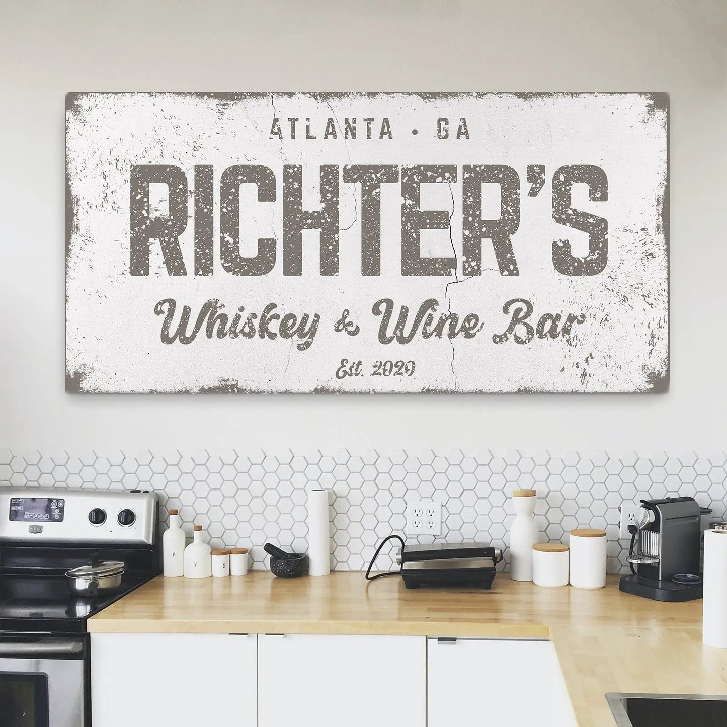 Whiskey and Wine Bar Sign canvas by Tailored Canvases with distressed gray lettering on Tampa Home & Garden Store