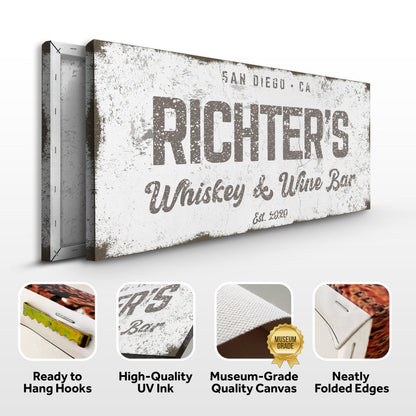 Canvas sign: Personalized Whiskey and Wine Bar by Tailored Canvases, distressed typography on Tampa Home & Garden Store