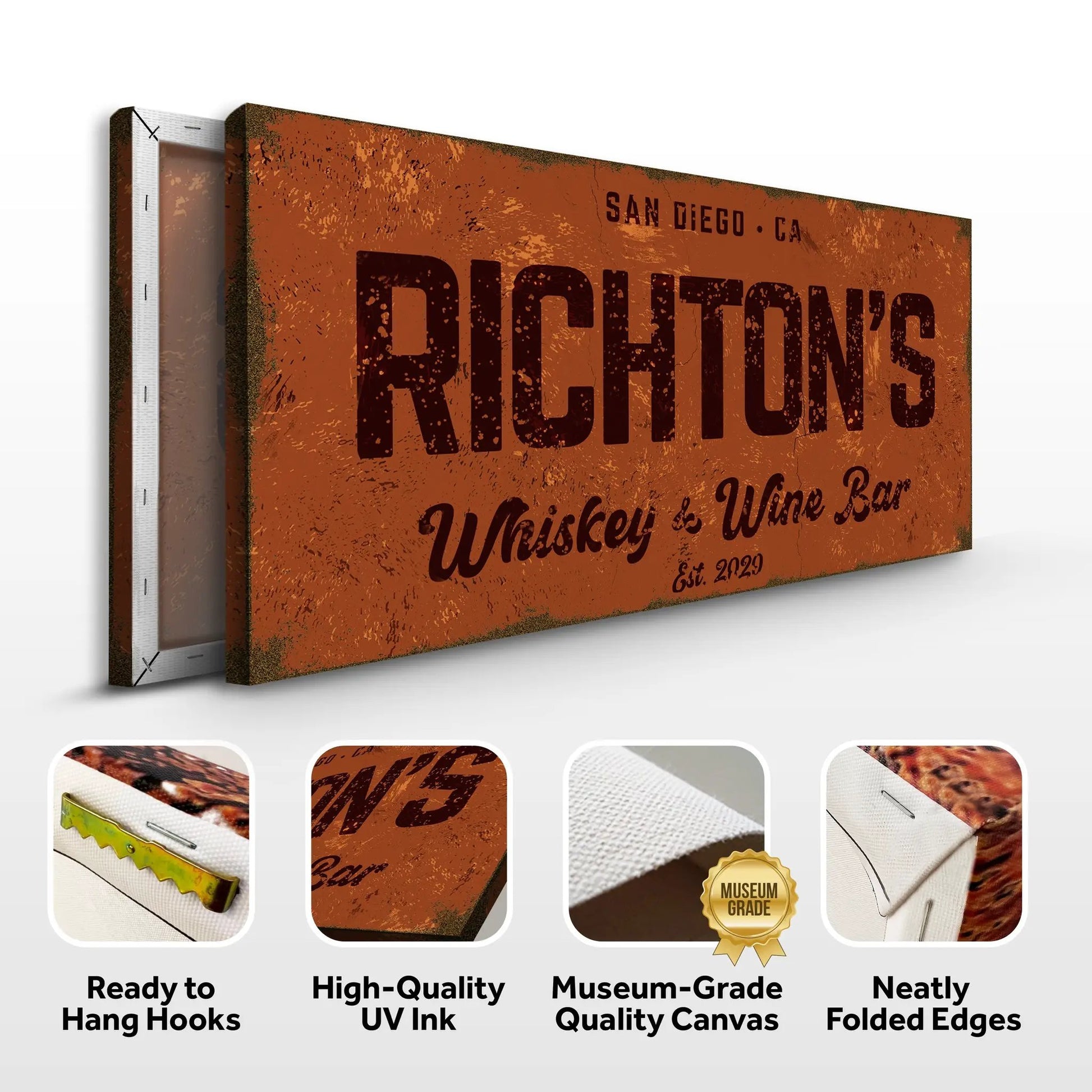 Whiskey And Wine Bar Sign II canvas by Tailored Canvases, distressed rust-orange Crafting Canvas on Tampa Home & Garden Store
