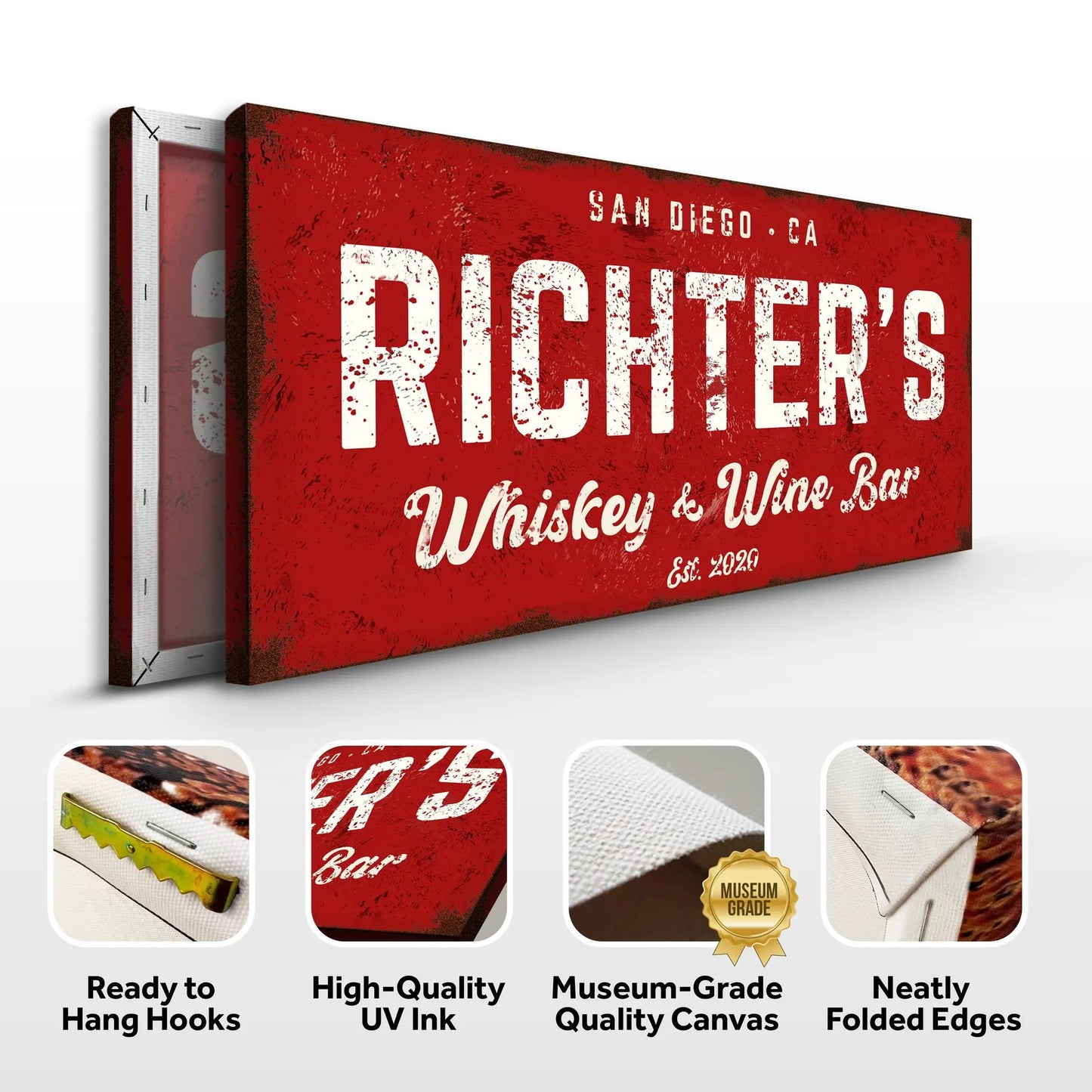 Whiskey And Wine Bar Sign III canvas by Tailored Canvases, red distressed sign with white text on Tampa Home & Garden Store