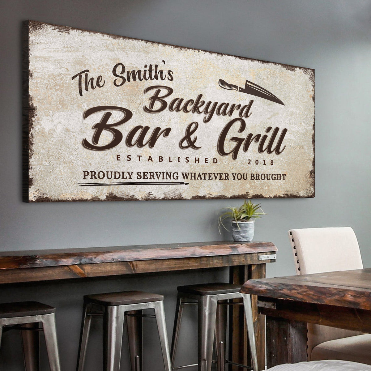 Backyard Bar & Grill Sign XVI canvas by Tailored Canvases with a rustic beige weathered finish on Tampa Home & Garden Store