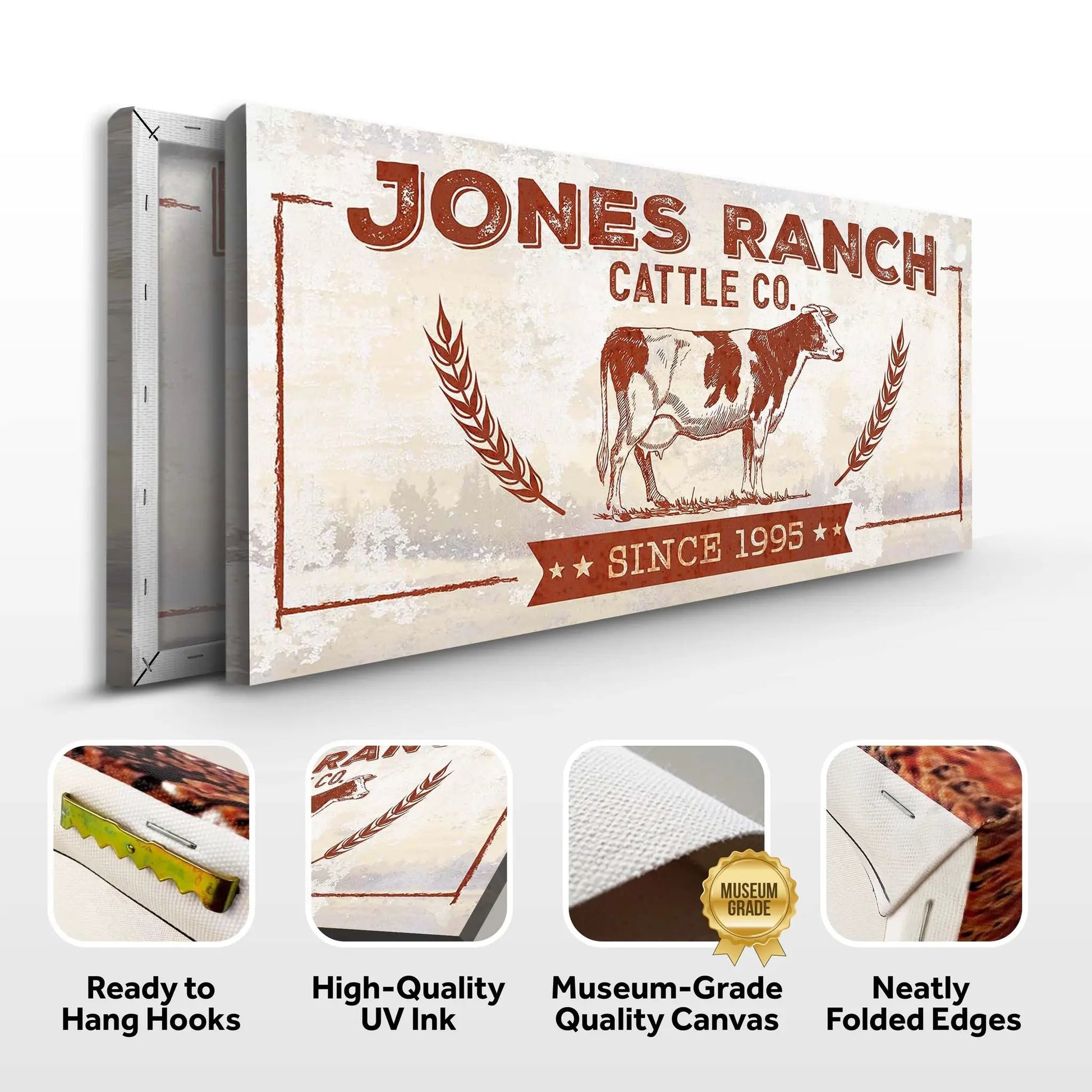 Ranch Cattle Co Rustic Sign canvas by Tailored Canvases, red cattle print with wheat motifs on Tampa Home & Garden Store
