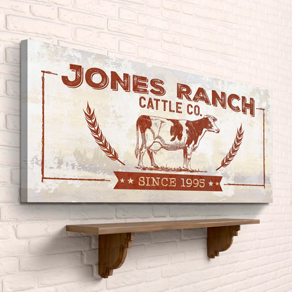 Ranch Cattle Co Rustic Sign canvas with cow illustration on weathered beige background on Tampa Home & Garden Store