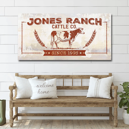 Ranch Cattle Co rustic sign canvas by Tailored Canvases with cow art, beige-red print on Tampa Home & Garden Store
