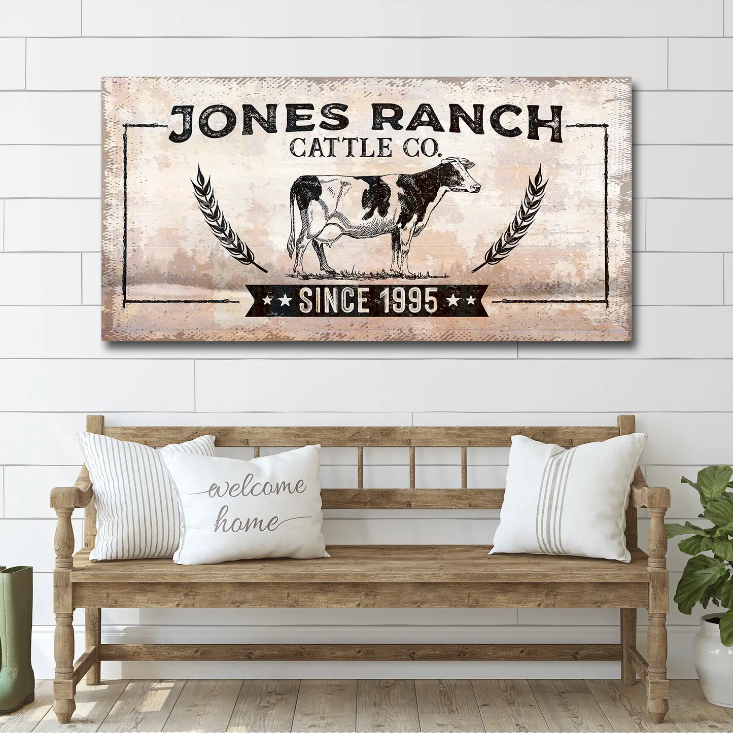 Ranch Cattle Co rustic canvas sign by Tailored Canvases with a black cow on beige background on Tampa Home & Garden Store