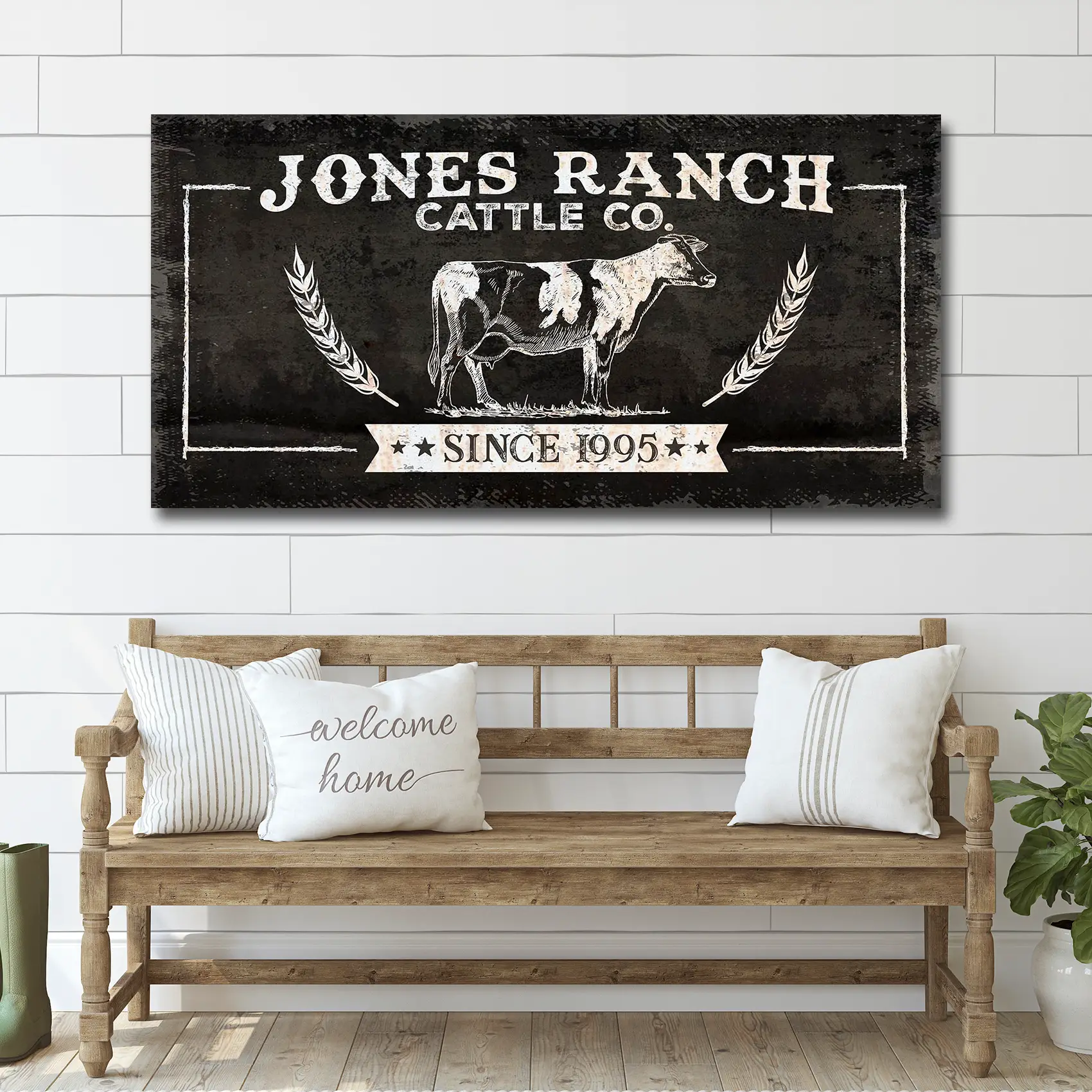 Ranch Cattle Co Rustic Sign canvas wall art with distressed black background and white cow on Tampa Home & Garden Store