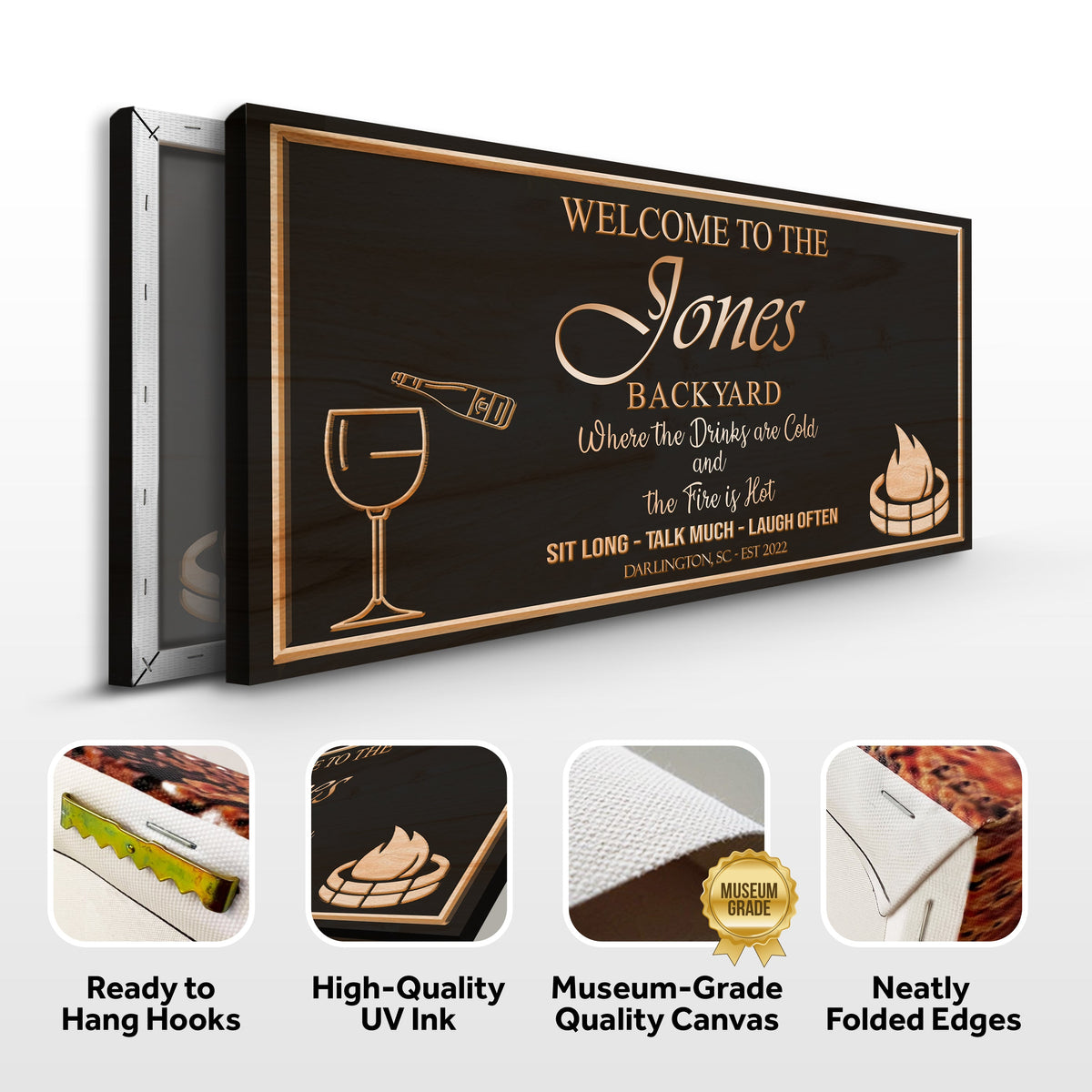 Backyard Sign canvas with black surface, copper border and gold script text Welcome to the Jones Backyard on Tampa Home & Garden Store