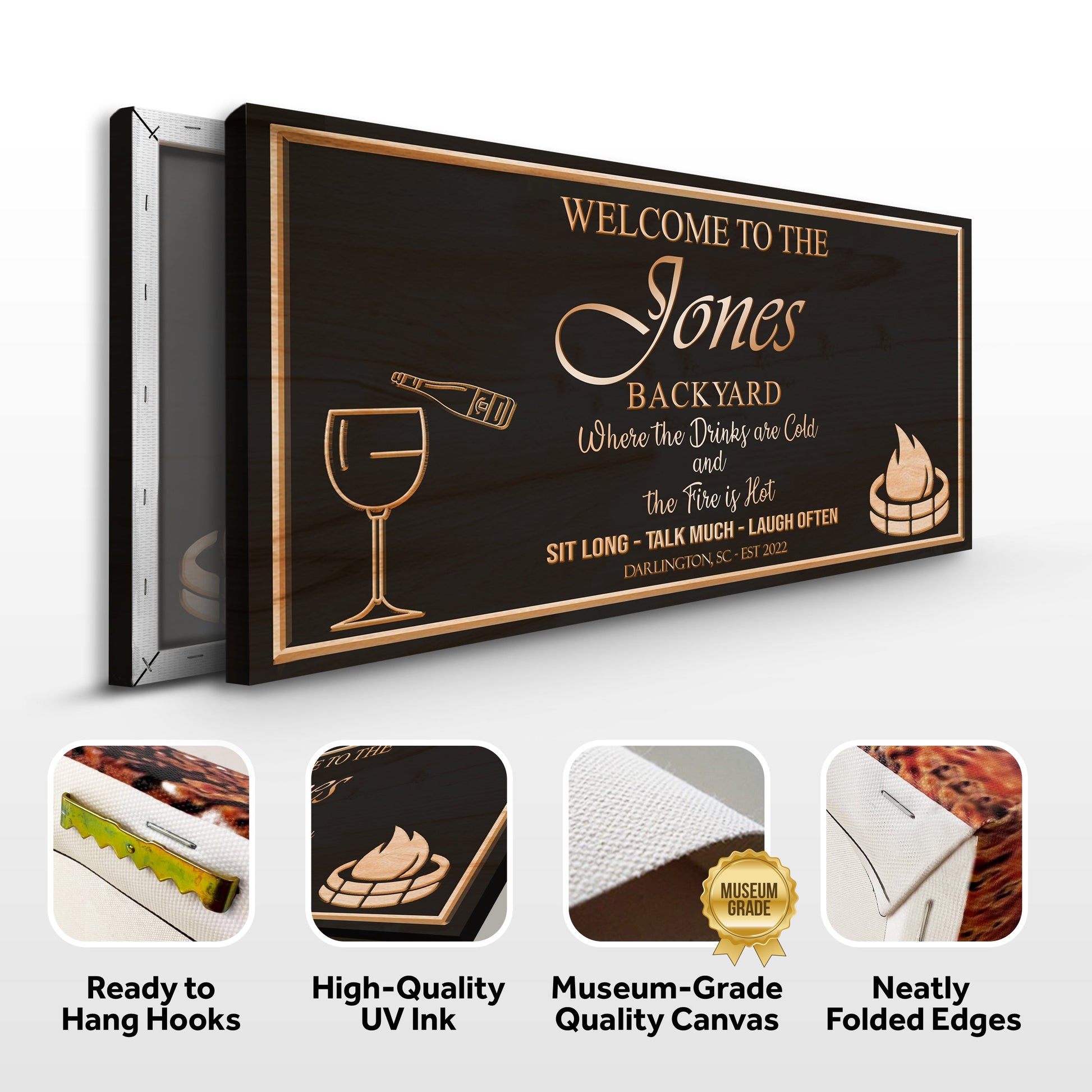 Backyard Sign canvas with black surface, copper border and gold script text Welcome to the Jones Backyard on Tampa Home & Garden Store
