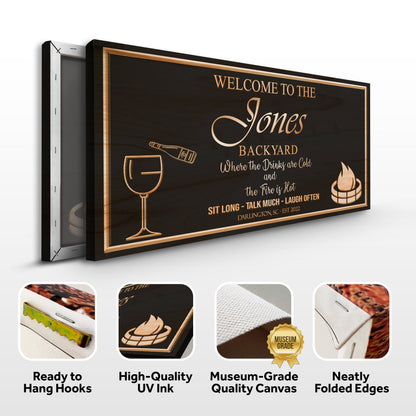 Backyard Sign canvas with black surface, copper border and gold script text Welcome to the Jones Backyard on Tampa Home & Garden Store