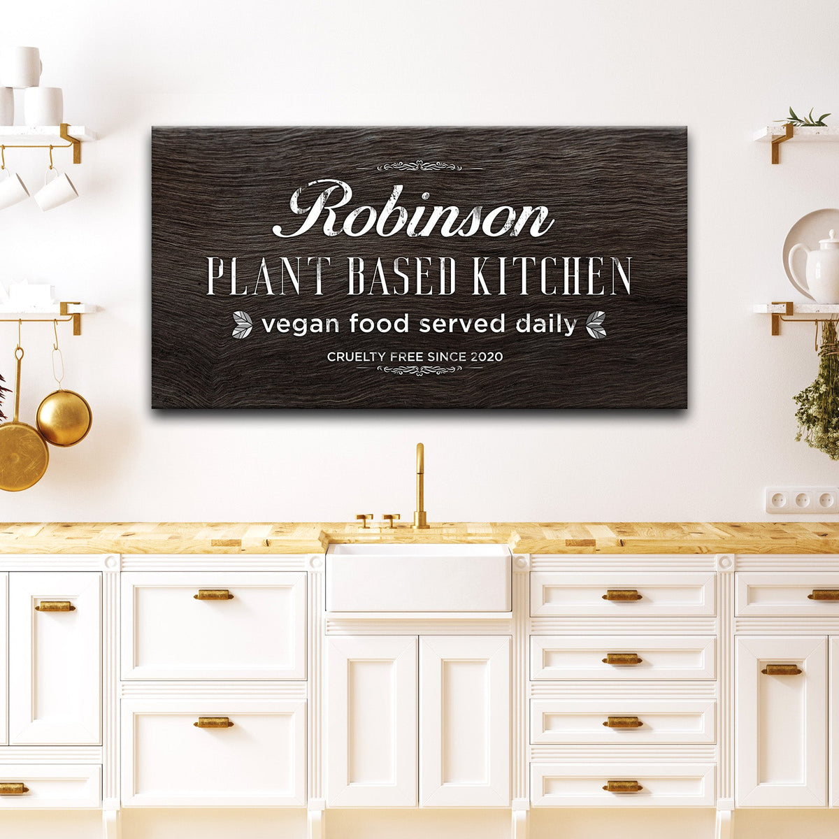 Plant Based Kitchen Sign canvas by Tailored Canvases with dark wood grain and white typography on Tampa Home & Garden Store