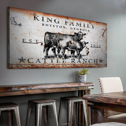 Cattle Ranch Sign II canvas with rustic rusted edges and two cattle drawings on white on Tampa Home & Garden Store